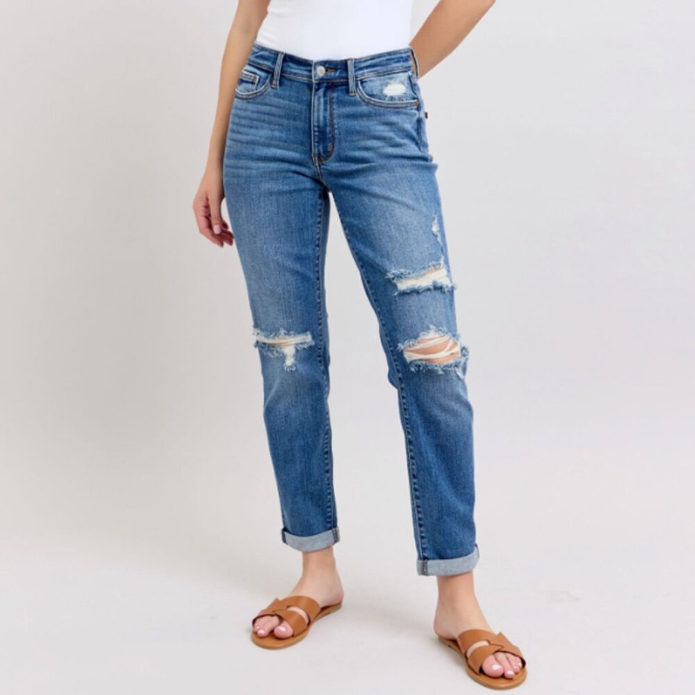 Judy Blue Mid Rise Vintage Wash Boyfriend Fit W/ Destroy